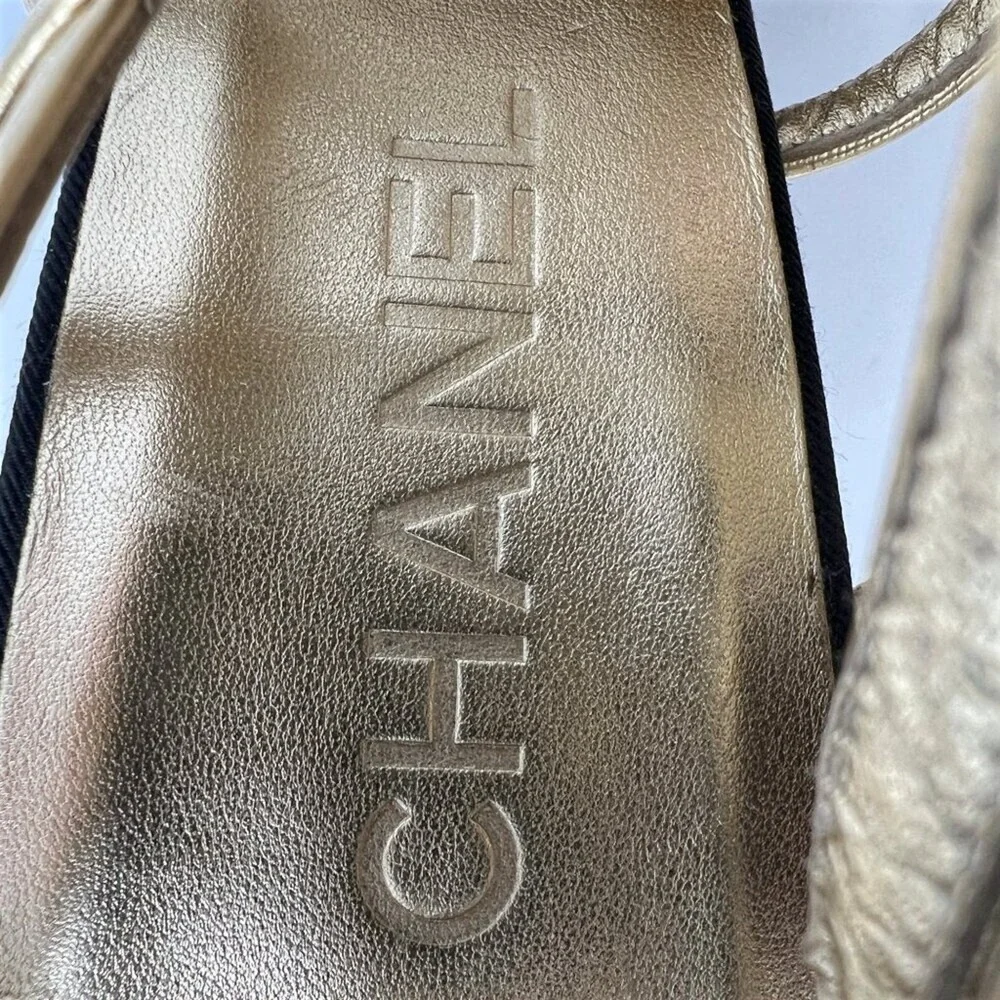 Chanel Black Gold Strappy‎ Heels CC Cap Toe Sandals Pumps Size 42